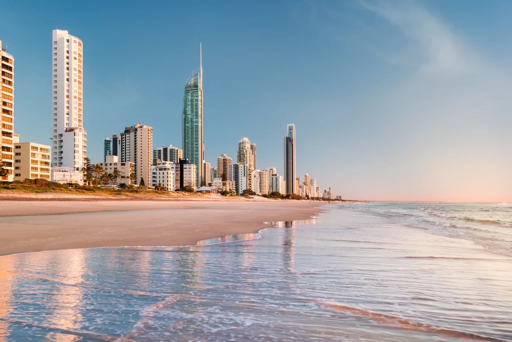 Aerial view of Surfers Paradise beach with high-rise buildings on the Gold Coast, representing Australian visa and migration services.